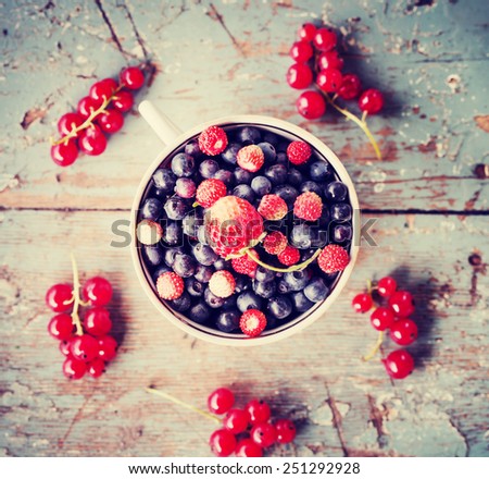 Berries on Wooden Background. Summer or Autumn Organic Berry over Wood. Agriculture, Gardening, Harvest Concept