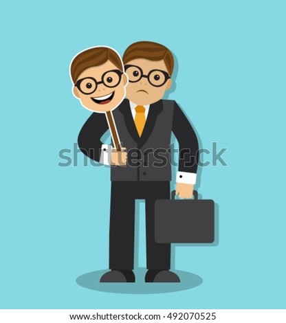 sad businessman holding a mask of cheerful and friendly person