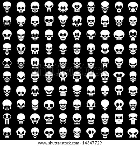 one hundred different skulls on black background