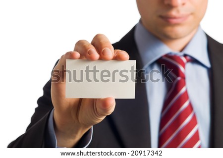 Businessman in suit showing his empty business card with copy space to write it one your own text