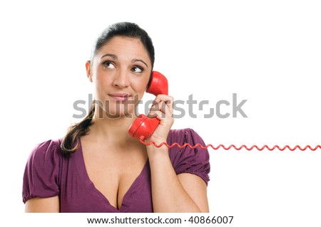 Young questioning woman lie in wait during a phone call isolated on white background
