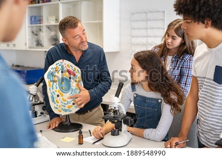 Teacher explaining cell model to college students in science lab. Biology professor teaching to girls and guys in school the cell structure. High school students understanding bio structure in school.
