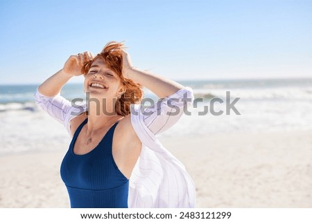 Similar – Image, Stock Photo Smiling women in swimsuits on sandy beach near ocean