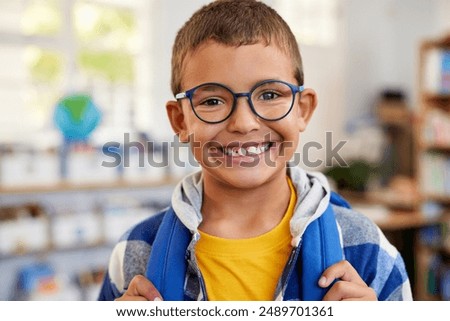 Similar – Image, Stock Photo child wearing glasses and writing while being really concentrated