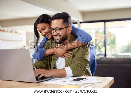 Similar – Image, Stock Photo Happy multiethnic couple hugging in park