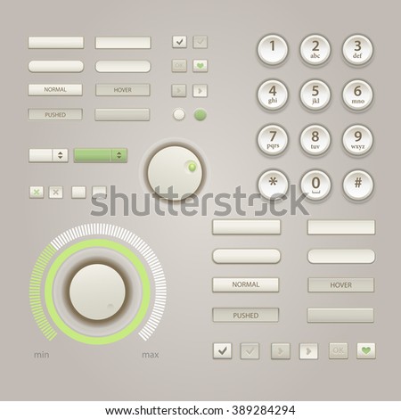User interface elements: Buttons, Switchers, On, Off, Player, Audio, Video, Keypad for phone. Vector buttons, forms, windows and other interface elements. Isolated vector background. 