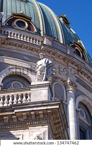 Close up of The Marble Church on a sunny day in Copenhagen which is known for its architecture