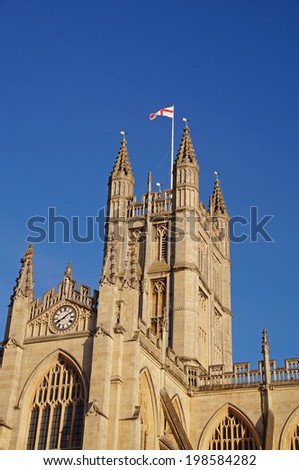 The Abbey Church of Saint Peter and Saint Paul in Bath, also known as Bath Abbey, seen during early in the evening