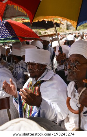 JERUSALEM - APR 17: Kessim, religious leaders of the Ethiopian Jews, Passover prayers near Wailing Wall - Apr. 17, 2014 in Jerusalem, Israel.
