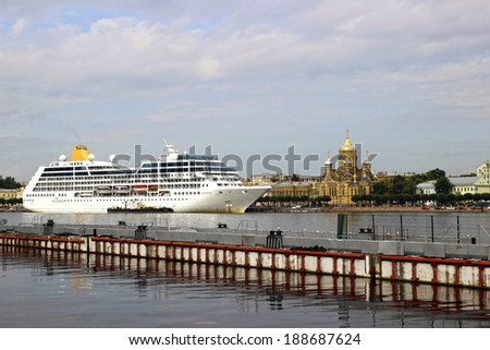 SAINT PETERSBURG, RUSSIA - JULY 11: Motor ship on the river Neva on July 11, 2013 in St. Petersburg, Russia