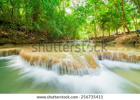 Deep forest Waterfall with green leaf of tree in Kanchanaburi, Thailand