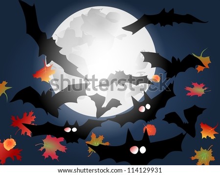 bats and leaves flying against the moon