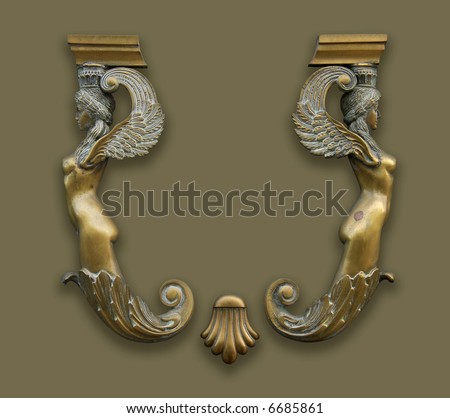 antique bronze decoration. Two ladies. Space for logo between them.