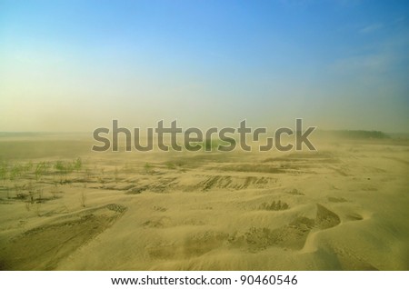 Sand storm in day time. Rural area in north east China