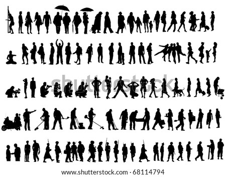 Over one hundred people vector silhouettes over white background. Ladies, gentleman, soldiers, females and workers.