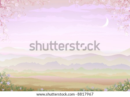 Light and tranquil morning landscape with floral border (other landscapes are in my gallery)