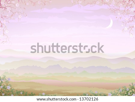 Light and tranquil morning landscape with floral border