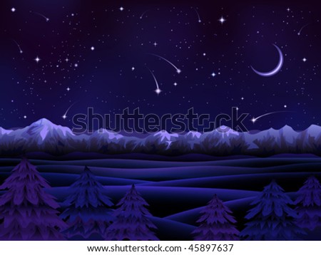 Night alpine scenery with evergreen firs