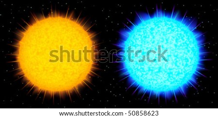 Two big realistic vector stars (yellow and blue) against black background