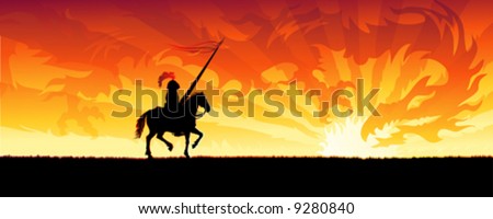 Knight riding towards a sunset sky dragon (other landscapes are in my gallery)