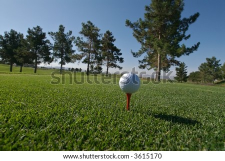 Golf ball on tee with tree line and blue sky