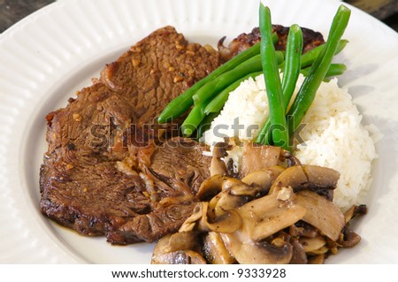 Cooked Rib-eye meal rice green beans and mushrooms