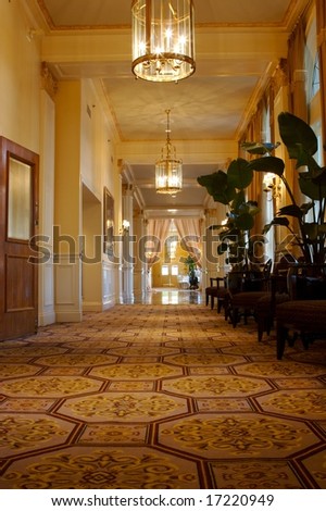 An image of an elegant hallway in an upscale hotel