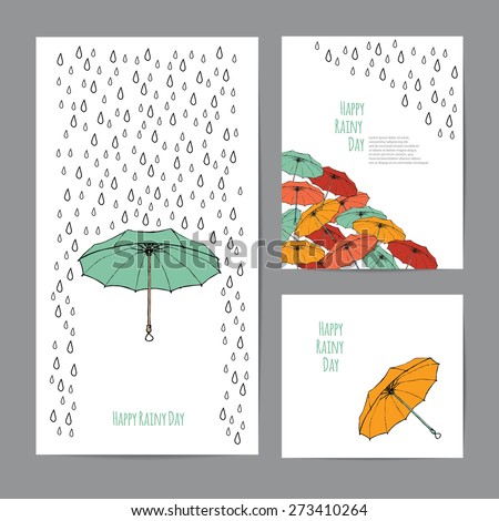 Colorful umbrellas and rain drops with text block. Templates for design of cards, banners and flyers. White background