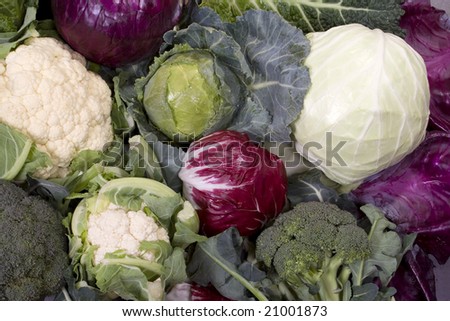 Broccoli, cauliflower, red and green cabbage assortment