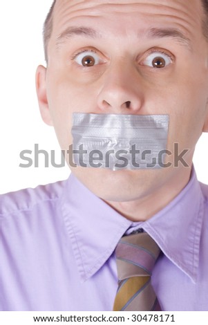 Man with taped mouth isolated on white background