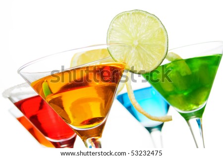 Cocktail drinks with fruit slices isolated on white background