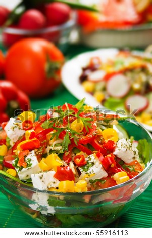 Delicious cheese salad with bell pepper, corn, tomato and other vegetable