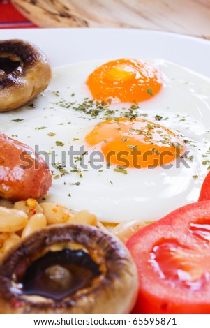 Fried eggs, sunny side up, selective focus on egg yolk