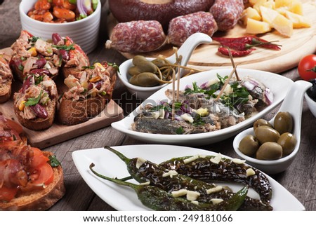 Spanish tapas or antipasto food, cold buffet appetizers
