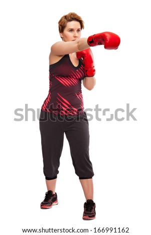 sport young woman boxing gloves, face of fitness girl studio isolated on white
