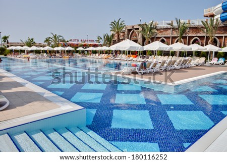 Side, Turkey - OCTOBER 7: Royal Alhambra Palace. Located on the beachfront, Royal Alhambra has a private beach area, outdoor/indoor pools and spa facilities. on October 7, 2013 in Side, Turkey
