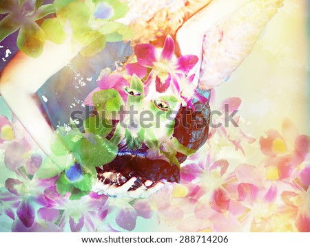 Collage. Young lady on a background of orchid flowers in a swimming pool with light flares in retro style