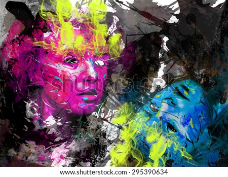 Psychedelic image of a mask  on expressionistic background with paint splashes. Digital photo collage