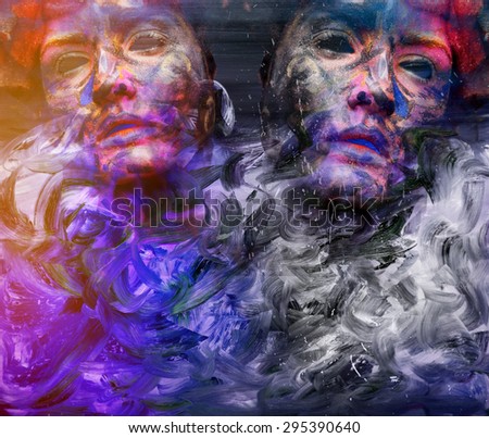 Psychedelic image of a mask  on expressionistic background with paint splashes. Digital photo collage