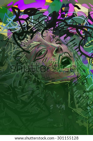 Young sensual woman among abstract expressionistic psychedelic neon lines, swirls and figures. digital drawing, illustration.