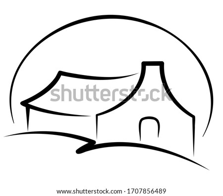 Small house on a hill against the setting sun. Contour black and white image. Symbol of comfort and safety. EPS10 vector illustration