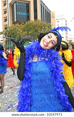 Pretty woman from jazz band in Cyprus carnival parade.