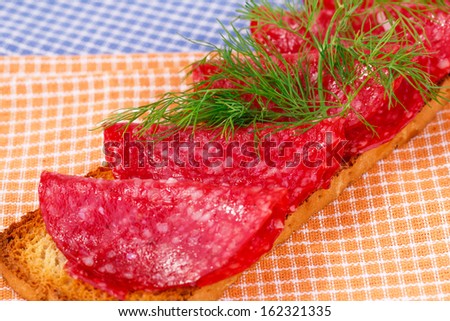 Sandwich with salami and dill isolated on kitchen towels.