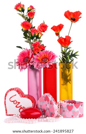 Flowers in vases, red heart candle, necklaces, gift boxes isolated on white background.