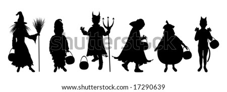silhouettes of children trick or treating in Halloween costume