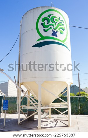 EUGENE, OR - JULY 17, 2014: Water tower with trademark logo at Oakshire Brewing, a small craft brewery in the Northwest.