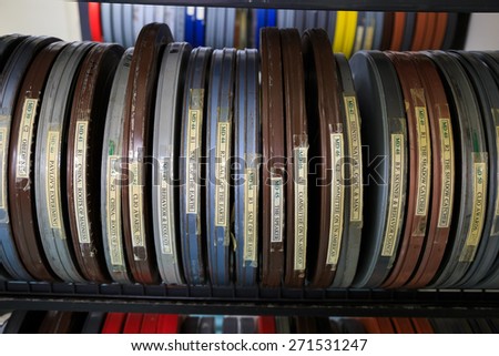 EUGENE, OR - APRIL 10, 2015: Film reels for a cinema studies class on shelves in a video library.