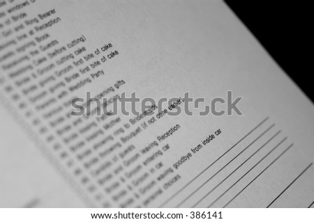 Wedding Shoot List  (only a few words legible)