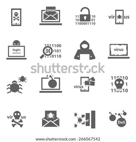 Set of cyber virus digital protection hacker attack icons