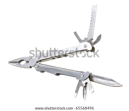 All-purpose swiss knife fully opened on white background